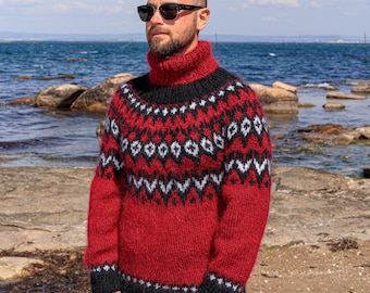 M Size Ready to Ship Handmade Mens Cozy Icelandic Bordo Mohair Jumper, Nordic Mohair Sweater,Boyfriend Gift, Plus Size Clothing,Warm Clothes