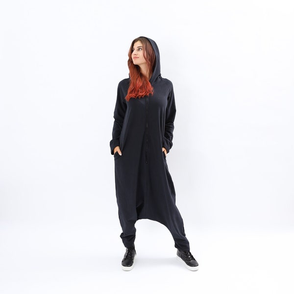 Combinaison Black Hoodie harlem, Combinaison maxi longue, Maxi combinaison noire, Pomper noire, Combinaison Boho hippie, Combinaison Harem à l’entrejambe,