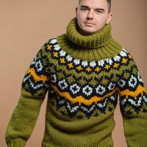 Nordic Winter Sweater, Oversized Pullover, Man Knit Blouse, Winter Wool Clothing, Plus Size Knitwear, Wool Jumper, Turtleneck Sweater