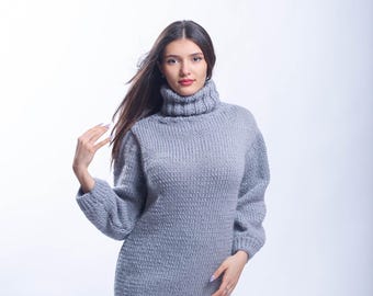 XL Ready to ship Gray Handmade Women’s Turtleneck Sweater, Organic Wool Knit Pullover, Cozy Winter Fashion, Soft & Warm 78_32_6