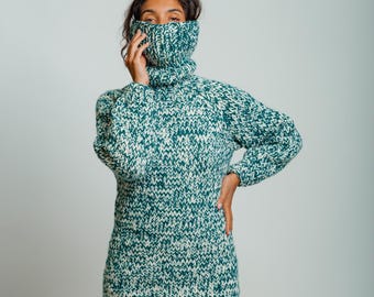 Ready to Ship XL Green White Chunky Knit Wool Sweater, Oversized Turtleneck Pullover, Cozy Winter Sweater, Handmade Knit Jumper,Warm Fashion