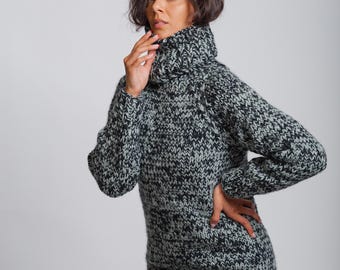 Gray Black Chunky Knit Wool Sweater, Oversized Turtleneck Pullover, Cozy Winter Sweater,Handmade Knit Jumper, Warm Fashion Gift by Molimarks