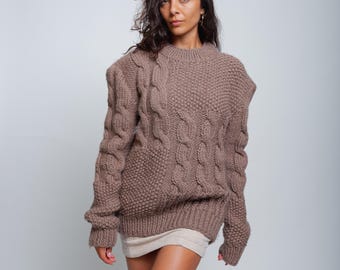 Taupe Handmade Premium Wool Cable Knit Sweater, Beige Warm Winter Jumper Long Sleeves,Cozy Oversized Hand Knitted Wool Pullover by Molimarks