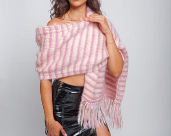 Pink and White Mohair Striped Scarf, Fluffy Knitted Winter Scarf, Long Fringe Scarf, Women’s Soft Wrap, Oversized Muffler
