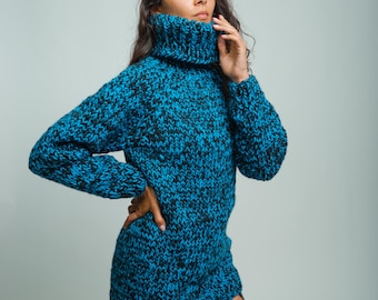 Ready to Ship XL Blue Black Chunky Wool Sweater, Oversized Turtleneck Pullover, Cozy Winter Sweater, Handmade Knit Jumper, Warm Fashion Gift