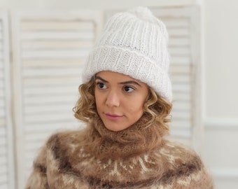 Slouchy mohair beanie, White beanie hat, Warm winter hat, Fluffy thick hat, Mohair knit beanie