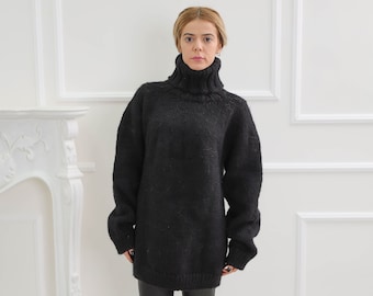 Black oversize wool sweater, Chunky turtleneck wool pullover, Nordic warm fluffy cardigan