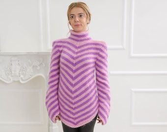 Striped asymmetric mohair sweater, Nordic cable knit pullover, Turtleneck mohair  sweater