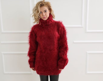Red Mohair Sweater, Big Turtleneck Pullover, Fluffy Mohair Sweater, Christmas Pullover, Chunky Sweater, Plus Size Clothing, Xmas Present