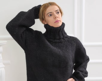 Black oversize wool sweater, Chunky turtleneck wool pullover, Nordic warm fluffy cardigan