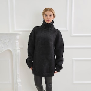 Black oversize wool sweater, Chunky turtleneck wool pullover, Nordic warm fluffy cardigan image 2