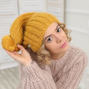 Ready to ship Mohair Hat ,Yellow  Beanie Hat, Knit beanie hat, Warm fluffy hat, Winter beanie hat, Cable knit beanie