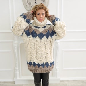 Chunky turtleneck wool sweater, Colorful cable knit pullover, Oversize warm winter top, Long sleeve cardigan