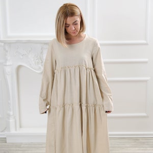 Ready to ship L size linen dress , Long sleeve linen dress, Beige linen dress with pockets image 2