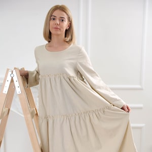 Ready to ship L size linen dress , Long sleeve linen dress, Beige linen dress with pockets