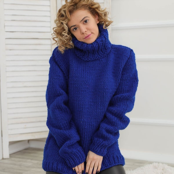 Blue turtleneck sweater, Cable knit wool pullover, Oversize thick cardigan, Long sleeve winter top