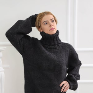 Black oversize wool sweater, Chunky turtleneck wool pullover, Nordic warm fluffy cardigan image 1