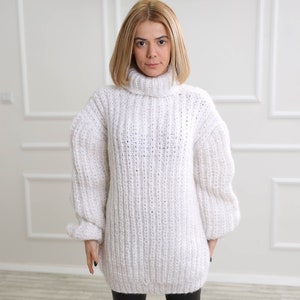White Turtleneck Mohair Sweater, Chunky Loose Fit Pullover, Oversize ...
