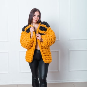 Chunky Yellow Knit Cardigan, Oversize Wool Knit Jacket, Bulky Knit Coat, Merino Wool Sweater Cardigan, Fall Winter Knit Cardigan, Plus Size