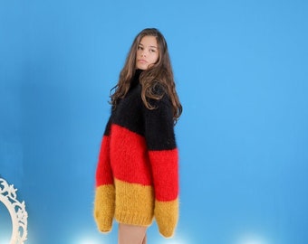Germany Flag Sweater, Mohair Pullover, Multicolor Sweater, Plus Size Clothing, Turtleneck Sweater, Chunky Wool Pullover, Oversized Sweater