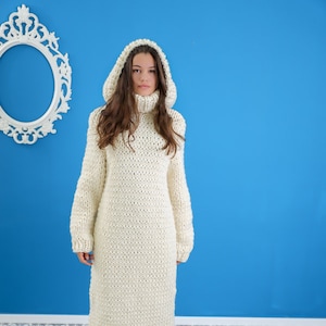 Hoodie wool dress , Beige wool  sweater dress, Huge turtleneck knit dress, Slouchy boho wool dress