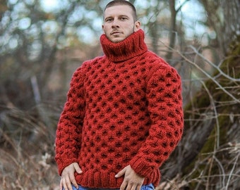 Huge Red Sweater For Man, Oversized Pullover For Boyfriend, Wool Clothing, Knit Blouse, Plus Size Clothing, Wool Jumper, Turtleneck Sweater