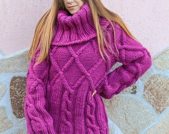 2XL Ready to ship purple chunky wool sweater with extra large turtleneck - women cozy knitwear for winter season