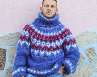 Ready to Ship L Giant Chunky Man Mohair Sweater, Winter Turtleneck Pullover, Icelandic Sweater,Oversized Pullover, Bohemian Knit Sweater