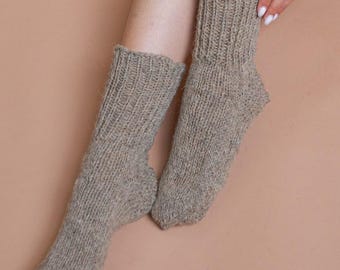 New Hand Spun Beige Wool Socks, Hand Knit Therapeutic Bed Socks, Wool 100% Natural Warm Handmade Casual Legwarmers, All Sizes by Molimarks