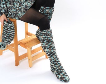 Melange Chunky knit knee high house wool socks, Wool  Hand Knitted Leg, Knit wool socks , Knitted Legwarmer