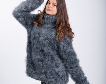 3XL Ready  Fluffy Mohair Sweater, Gra Jumper, Mohair Turtleneck Sweater, Comfy Winter Jumper, Cozy Sweater,Long Pullover, Molimarks,42_29_14