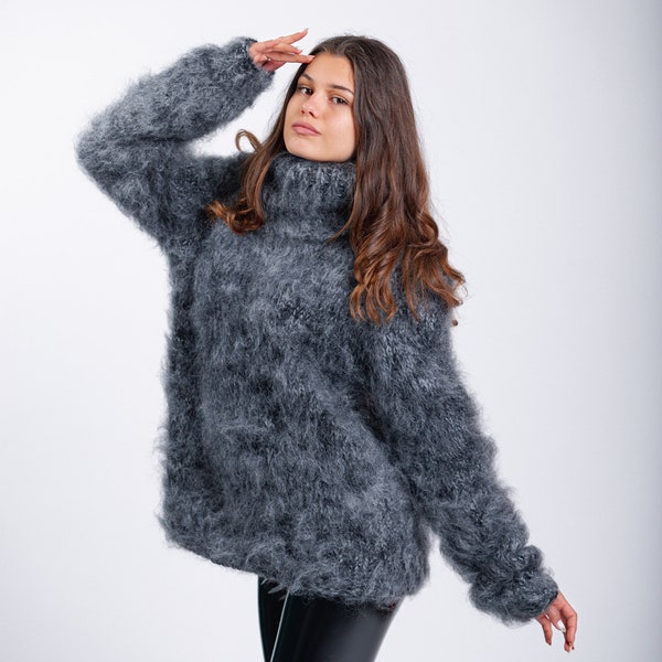 3XL Ready  Fluffy Mohair Sweater, Gra Jumper, Mohair Turtleneck Sweater, Comfy Winter Jumper, Cozy Sweater,Long Pullover, Molimarks,42_29_14