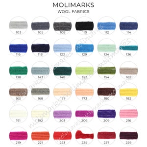 May include: A colour chart of 24 different wool fabric colours, numbered 103 through 229. The colours range from light grey to dark brown.