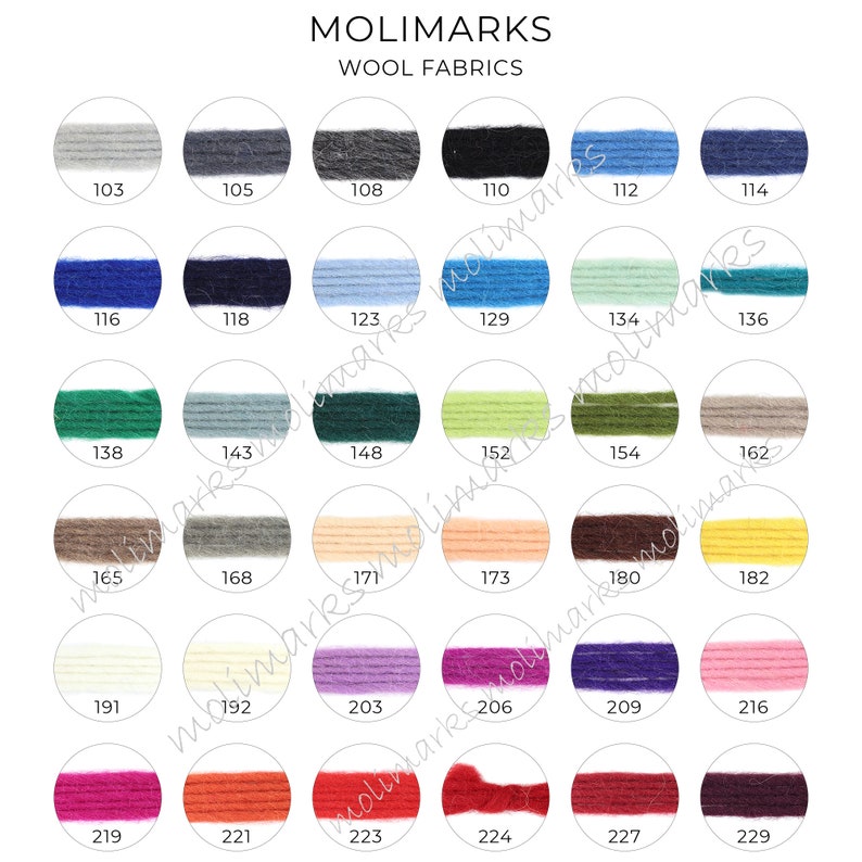May include: A colour chart of 24 different wool fabric colours, numbered 103 through 229. The colours range from light grey to dark brown.