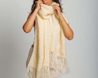 Beautiful Delicate Cream Mohair Scarf, Striped Scarf, Fluffy Knitted Winter Scarf, Long Fringe Scarf, Women’s Soft Wrap, Oversized Muffler