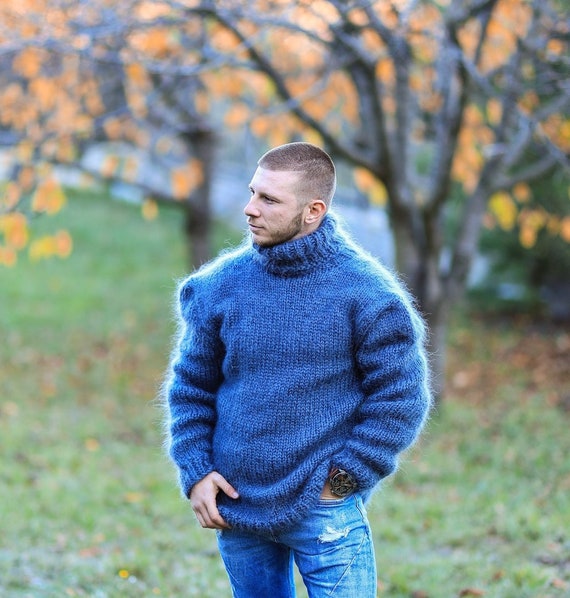 Mohair and Wool Sweater Men Thick and Chunky ,Turtleneck Pullover