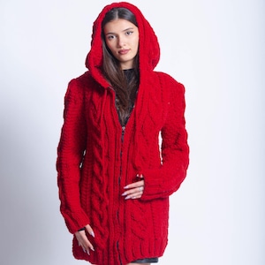 Red Hoodie  Zipper Wool Sweater Cardigan, Zipper Knit Bomber, Hand Knitted Pullover, Oversized Knitwear, Plus Size Sweater, Women  Sweaters