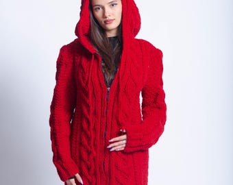 Red Hoodie  Zipper Wool Sweater Cardigan, Zipper Knit Bomber, Hand Knitted Pullover, Oversized Knitwear, Plus Size Sweater, Women  Sweaters