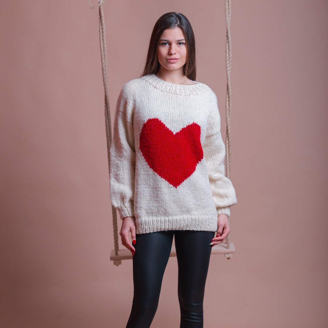 Buy White Wool Sweater, Red Heart Pullover, Valentine Sweater