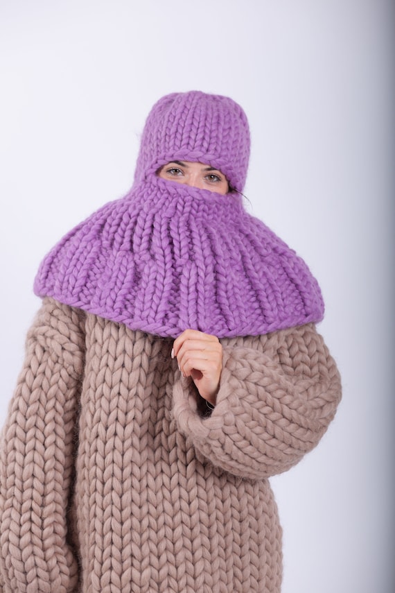 Purple Knit Balaclava, Wool Knitted Scarf, Winter Knitted 