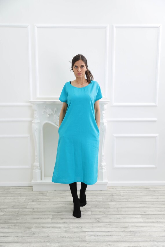Turquoise jurk gewassen linnen jurk loose fit jurk plus size kleding blauwe linnen jurk vrouwen strandkleding zomerjurk moederschap Etsy Nederland