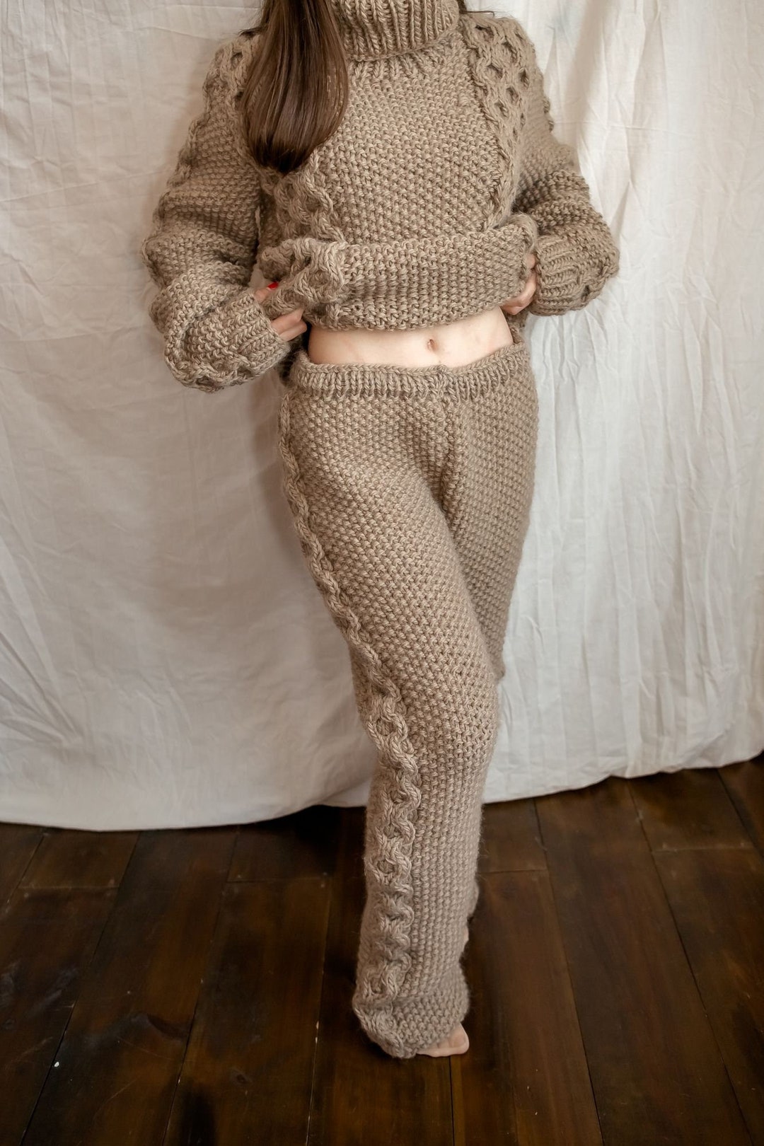 Wool Cable Knit Trousers, Women Wool Loungewear, Winter Wool