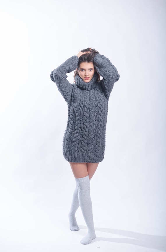 Handmade Cable Gray wool sweater, Warm winter pullover, Pink turtleneck cardigan, Loose wool  top , Molimarks,