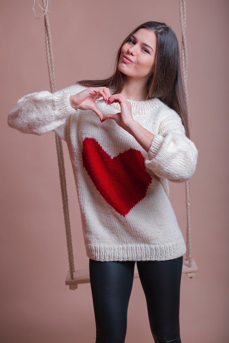 White Wool Sweater, Red Heart Pullover, Valentine Sweater, Women Heart Jumper, Girlfriend Gift, Cute Winter Pullover, Casual Clothing image 7