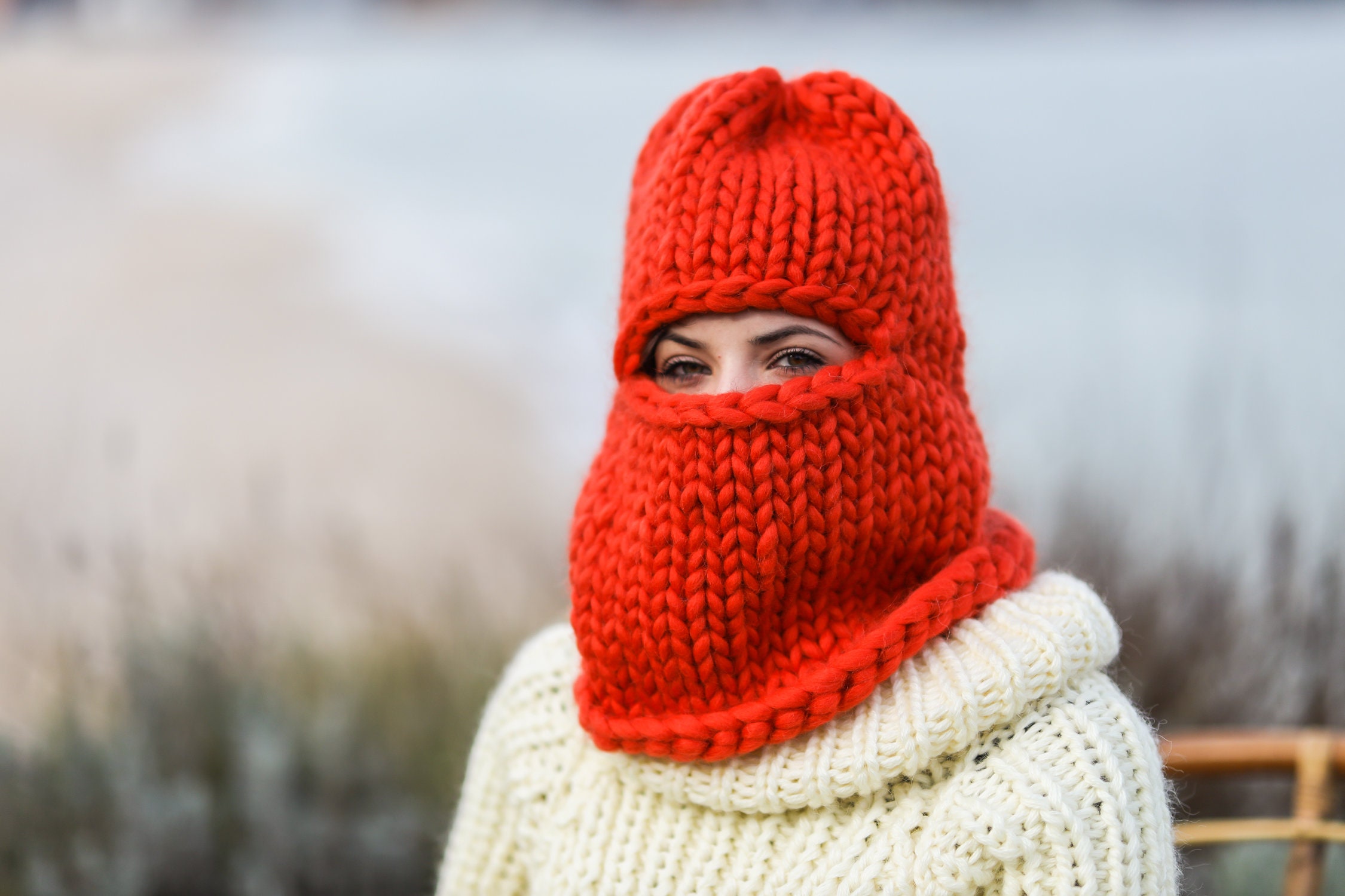 Hand Knit Ski Mask Balaclava, Red Wool Balaclava, Full Face Wool