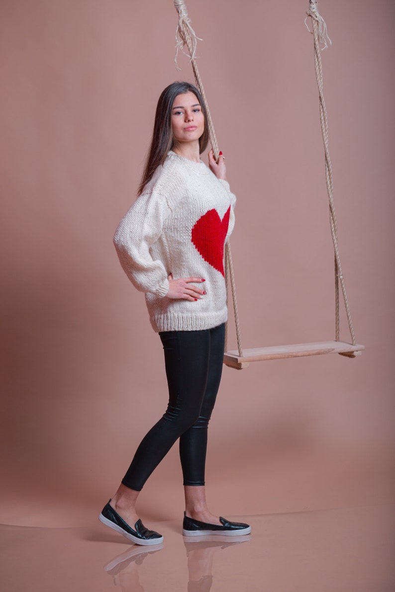 White Wool Sweater, Red Heart Pullover, Valentine Sweater, Women Heart Jumper, Girlfriend Gift, Cute Winter Pullover, Casual Clothing image 6