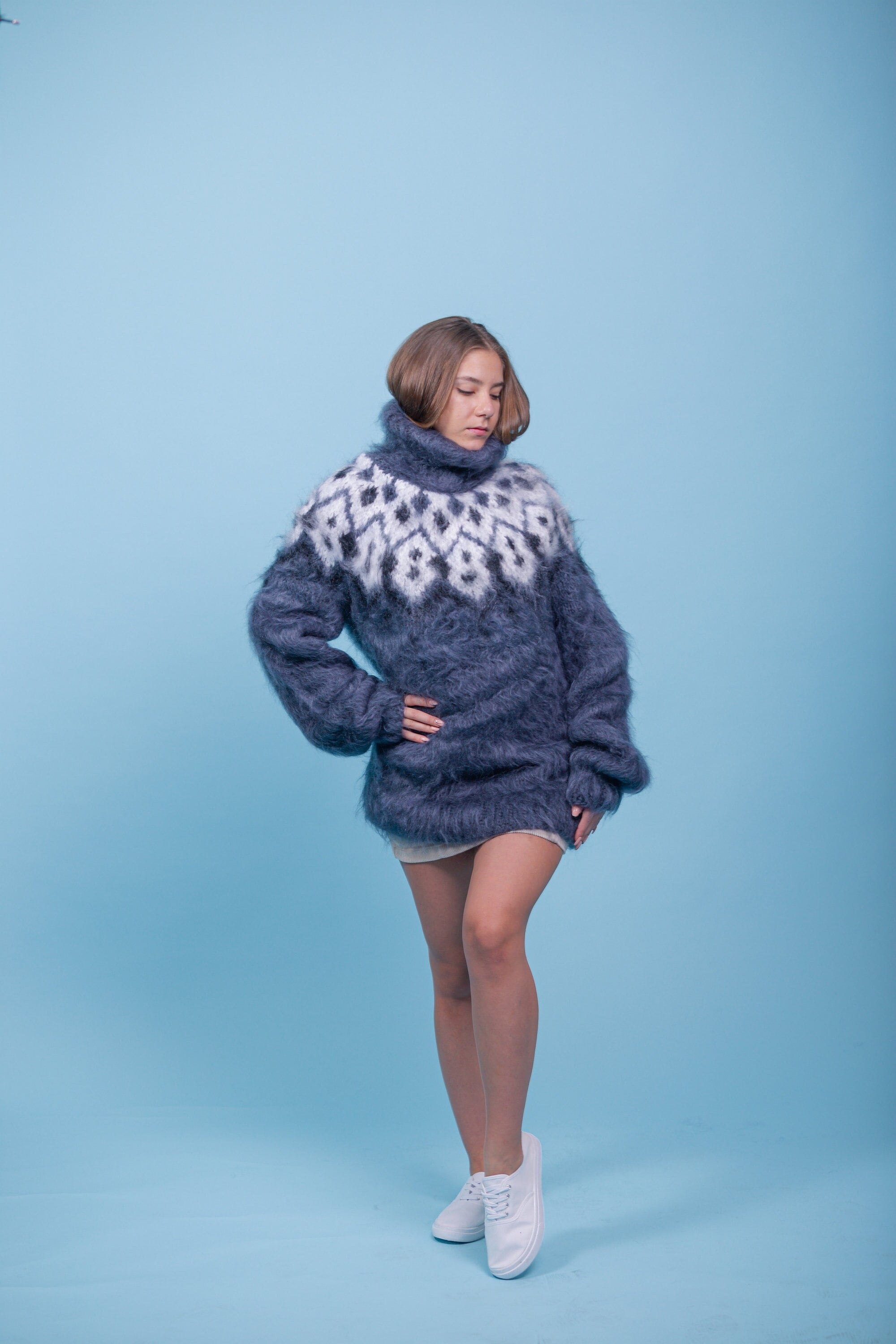Handmade Mohair Nordic Sweater, Fluffy Nordic Jumper, Oversized Mohair Turtleneck, Lopapeysa Women Jumper, Fair Isle Sweater