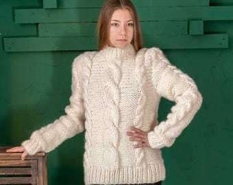 L Ready to Ship Handmade White Natural Wool Sweater,Turtleneck Wool Sweater,Hand Knit Cardigan,Cable Knit Organic Wool Pullover by Molimarks
