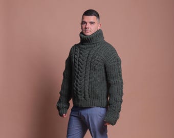 5XL Ready to Ship Oversized Handmade Green Wool Sweater For Men,Winter Wool Long Sleeves Pullover,Giant Man Jumper,Huge Cozy Pullover