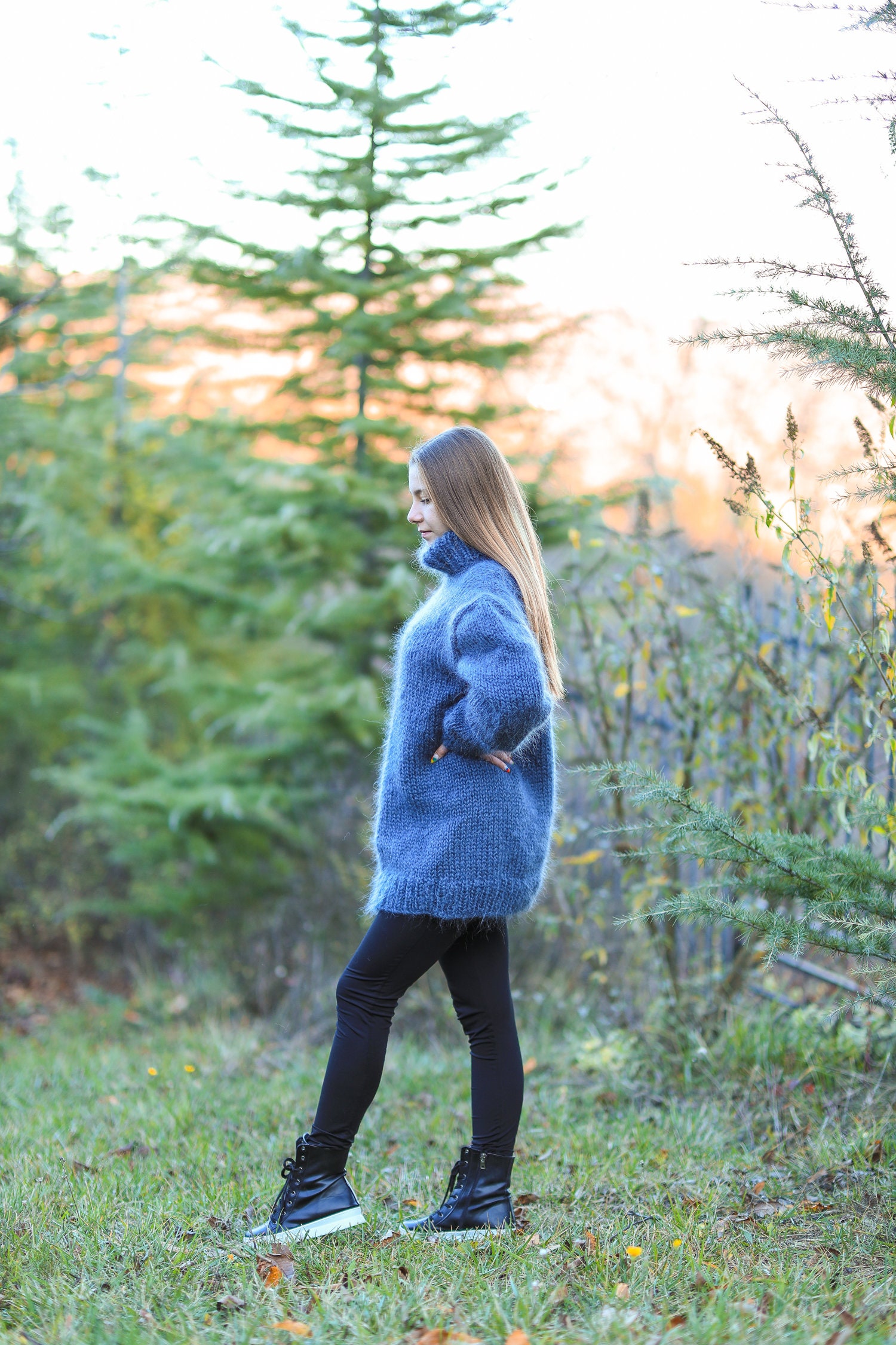 Gray Mohair Sweater, Big Turtleneck Pullover, Oversized
